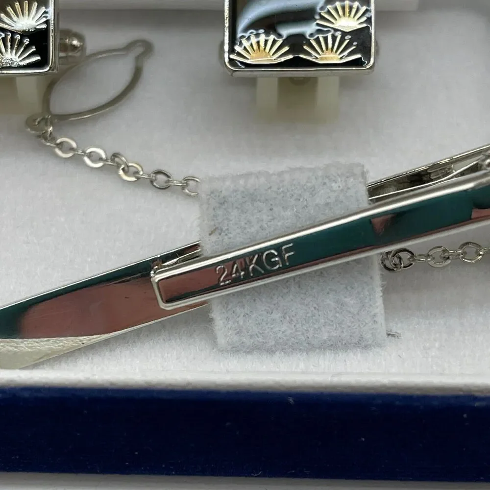 Retro Vintage Cuff Links & Tie Clip Set Silver with 24K Gold Inlay